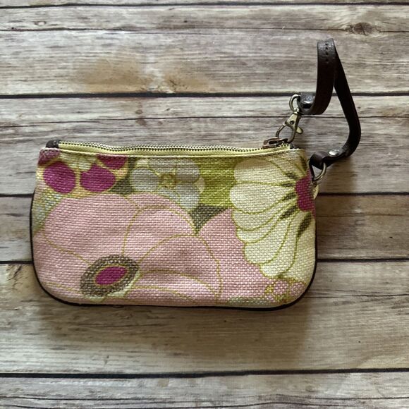 Spartina 448 - Multicolor Linen Wristlet  Leather Accents Green Pink - Picture 4 of 5